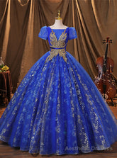 Royal Blue Tulle Pleats Sequins Appliques Quinceanera Dress